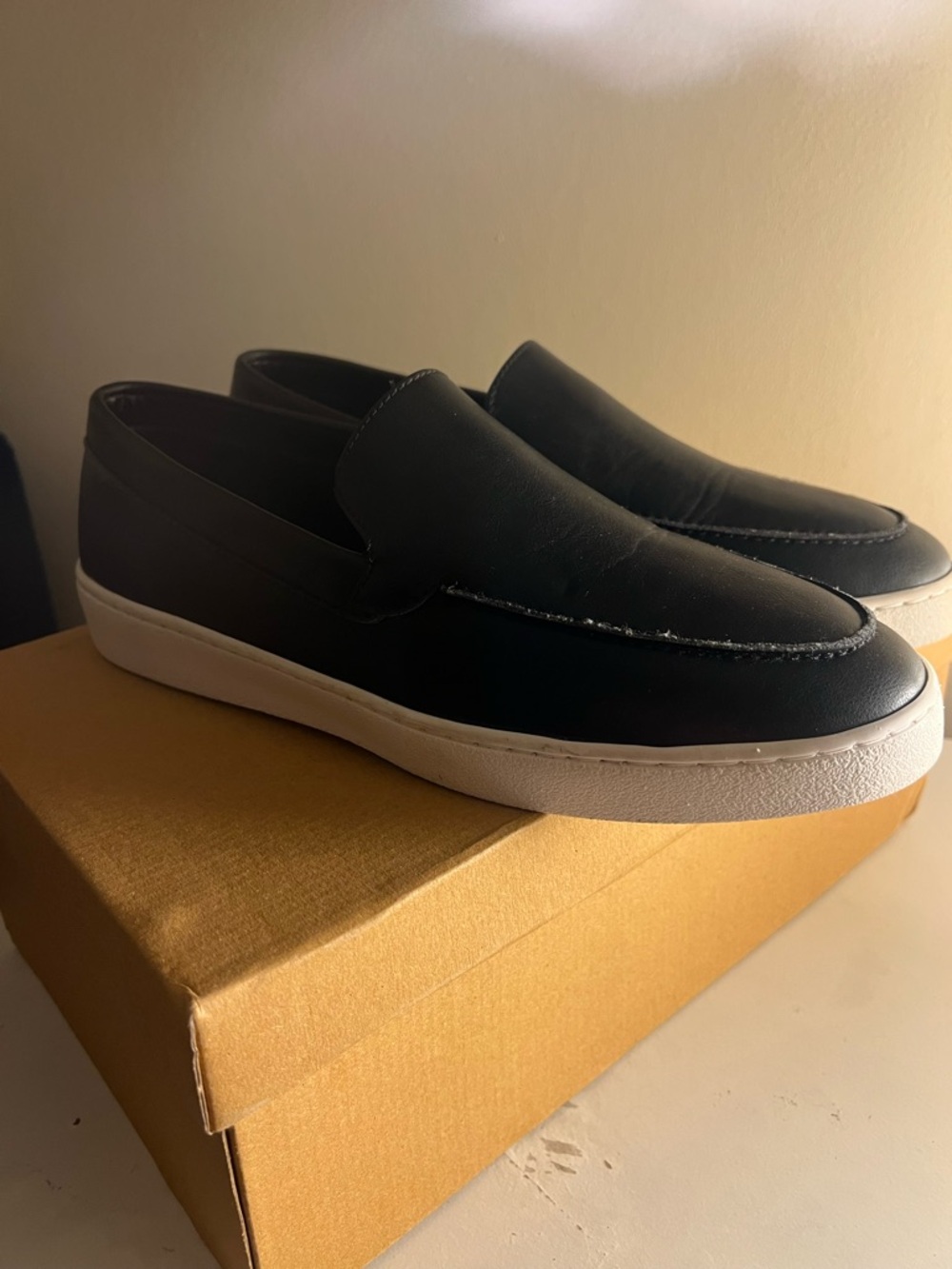 Men's Black Slip-On Leather Sneakers with White Sole